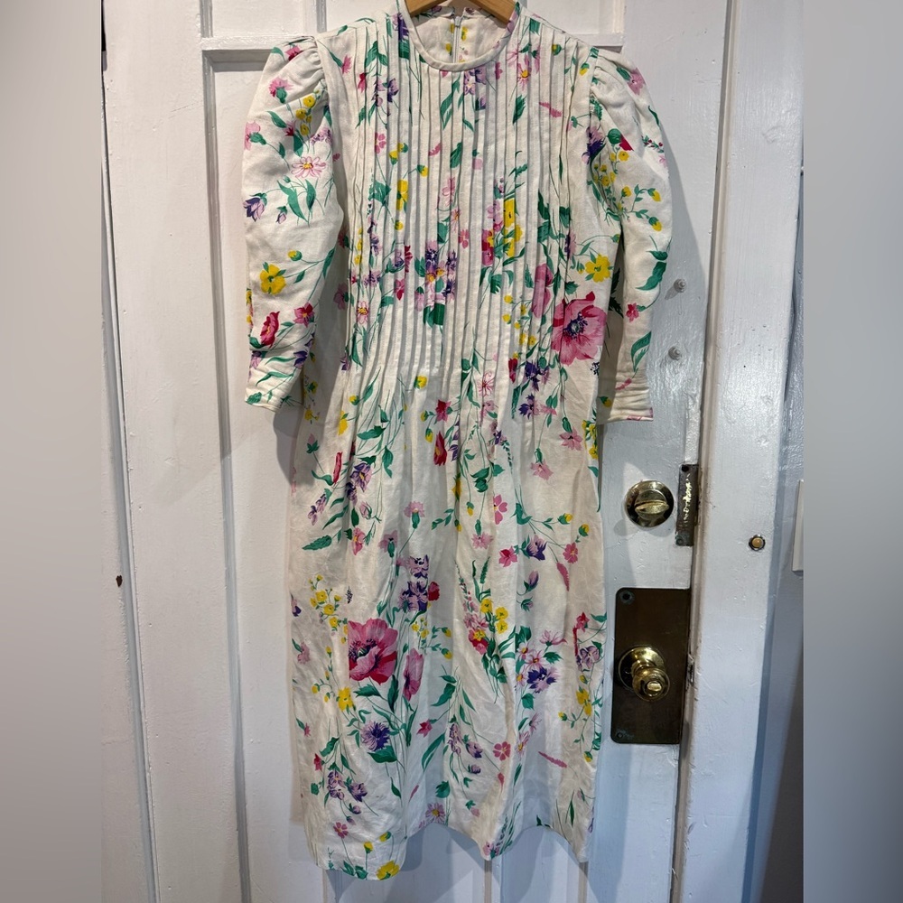 White Floral Vintage Long Sleeve Dress with Pink & Yellow Blooms - Picture 4 of 6